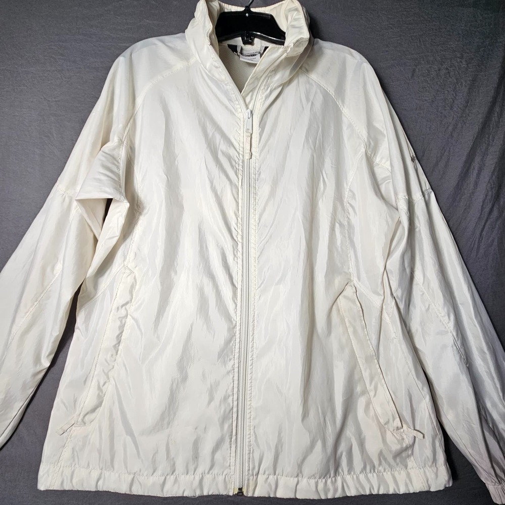 Columbia Womens White Windbreaker Jacket Size L Full Zip Hidden Hood Lightweight